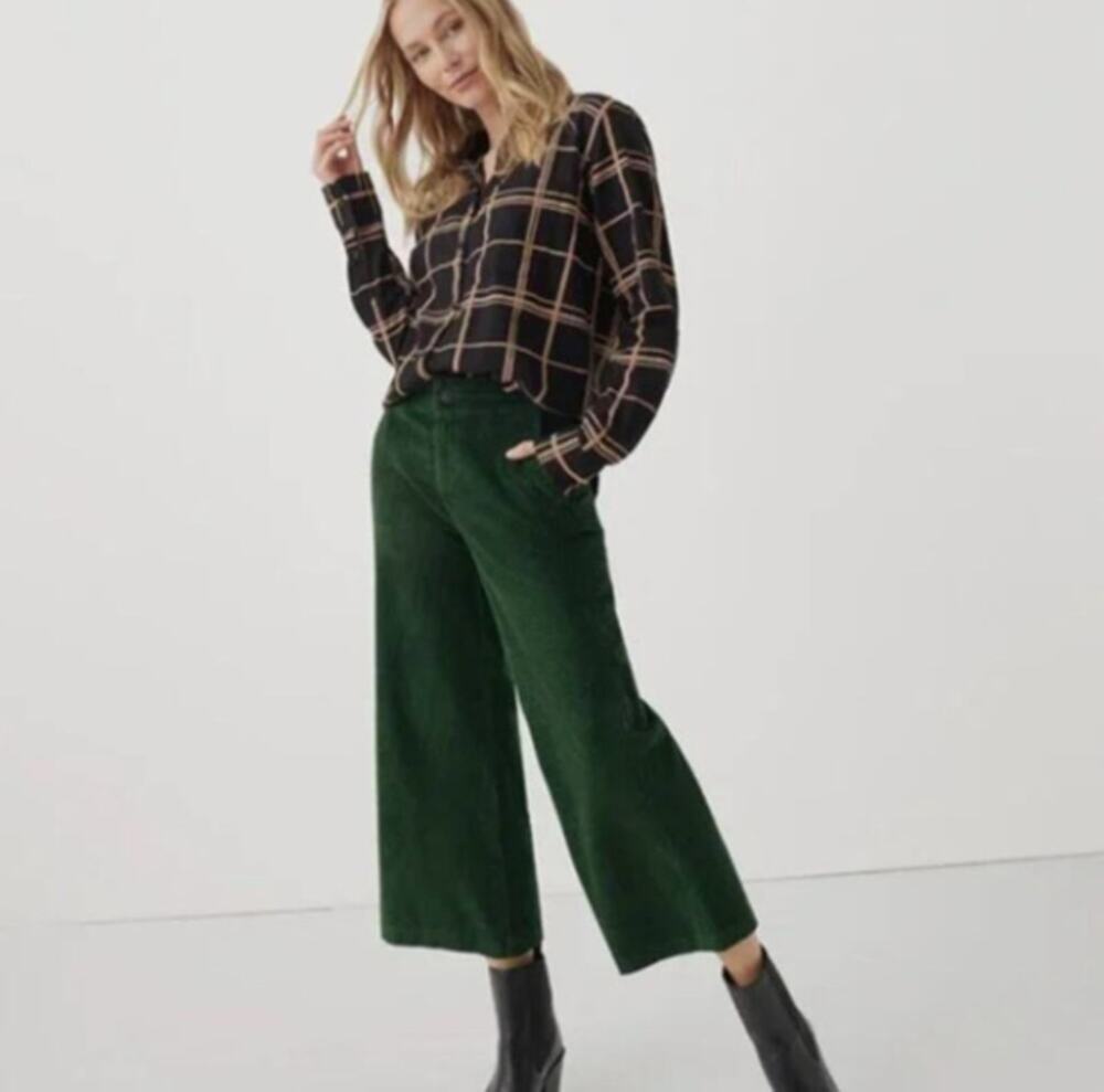 PACT Wale Wide Leg Corduroy Crop Pants Mountain View Green Sz XS {3Z31}